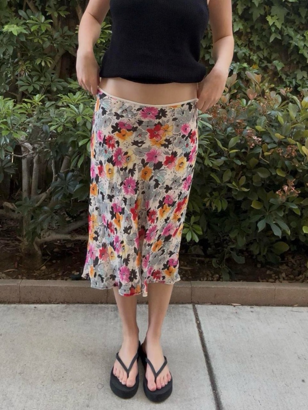 Vintage Y2k Floral Midi Skirt in Pink, Yellow & Orange